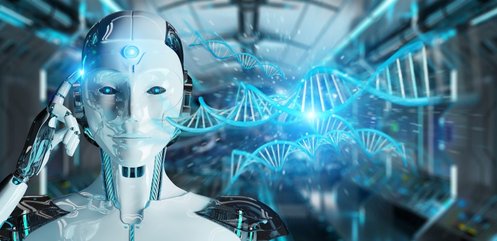 White woman cyborg on blurred background scanning human DNA